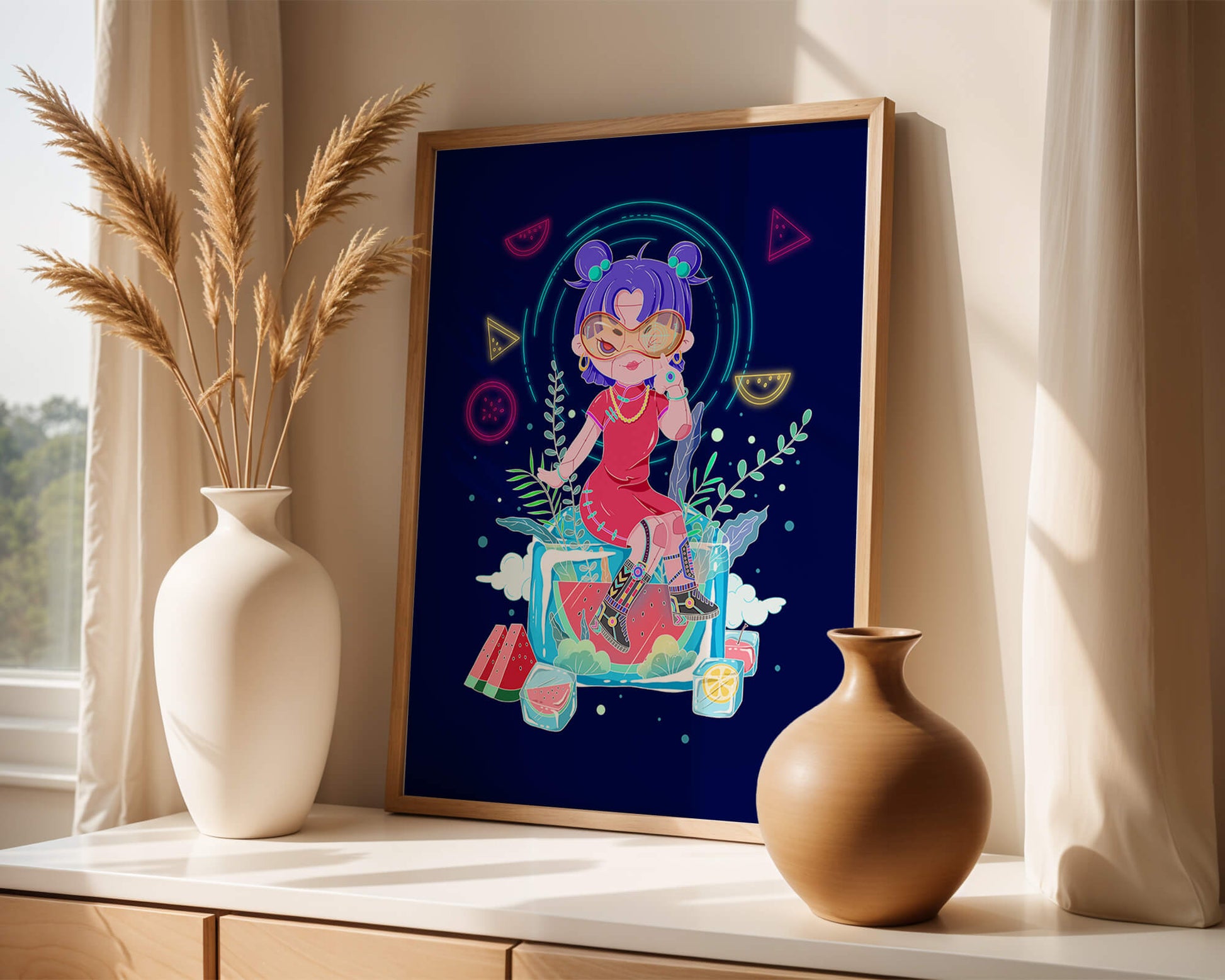 Personnage de dessin animé coloré avec des éléments futuristes