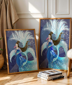 Elegant woman with floral motif and ethereal bird illustration
