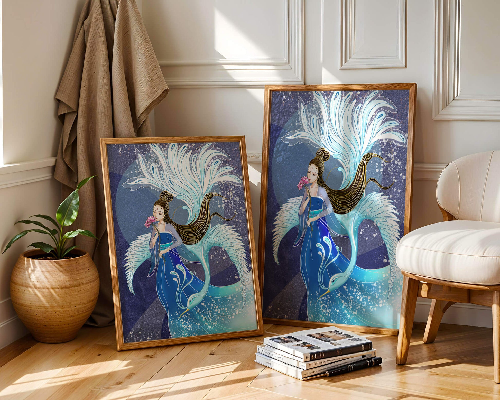 Elegant woman with floral motif and ethereal bird illustration