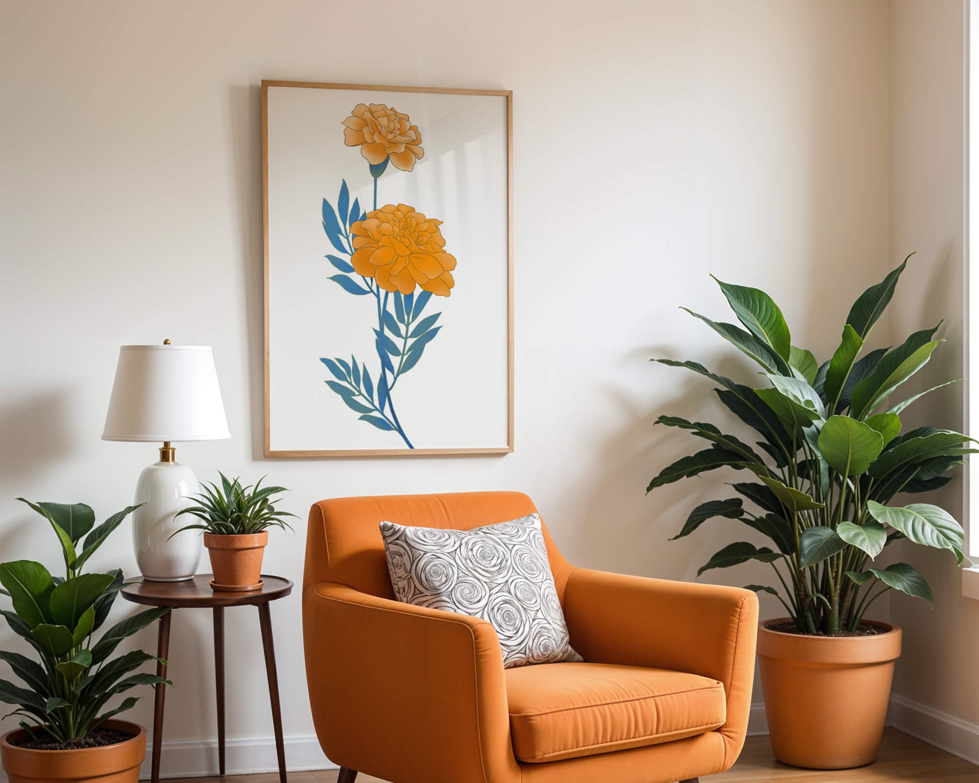 Elegante Illustration lebendiger Ringelblumen auf grünem Hintergrund