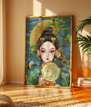 Elegante representación de una mujer con atuendo tradicional sosteniendo un abanico decorativo