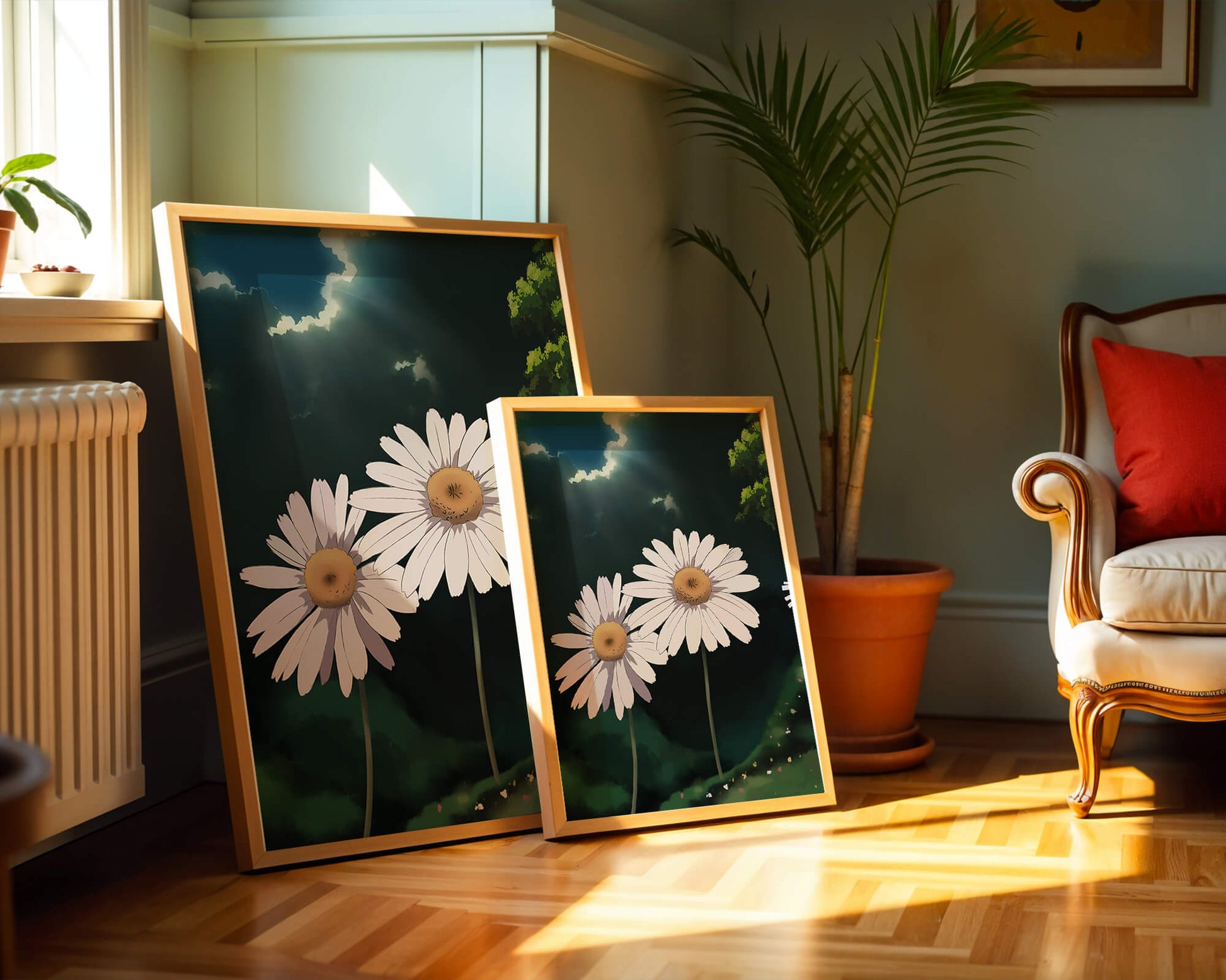 Sunlit Daisies in a Serene Landscape