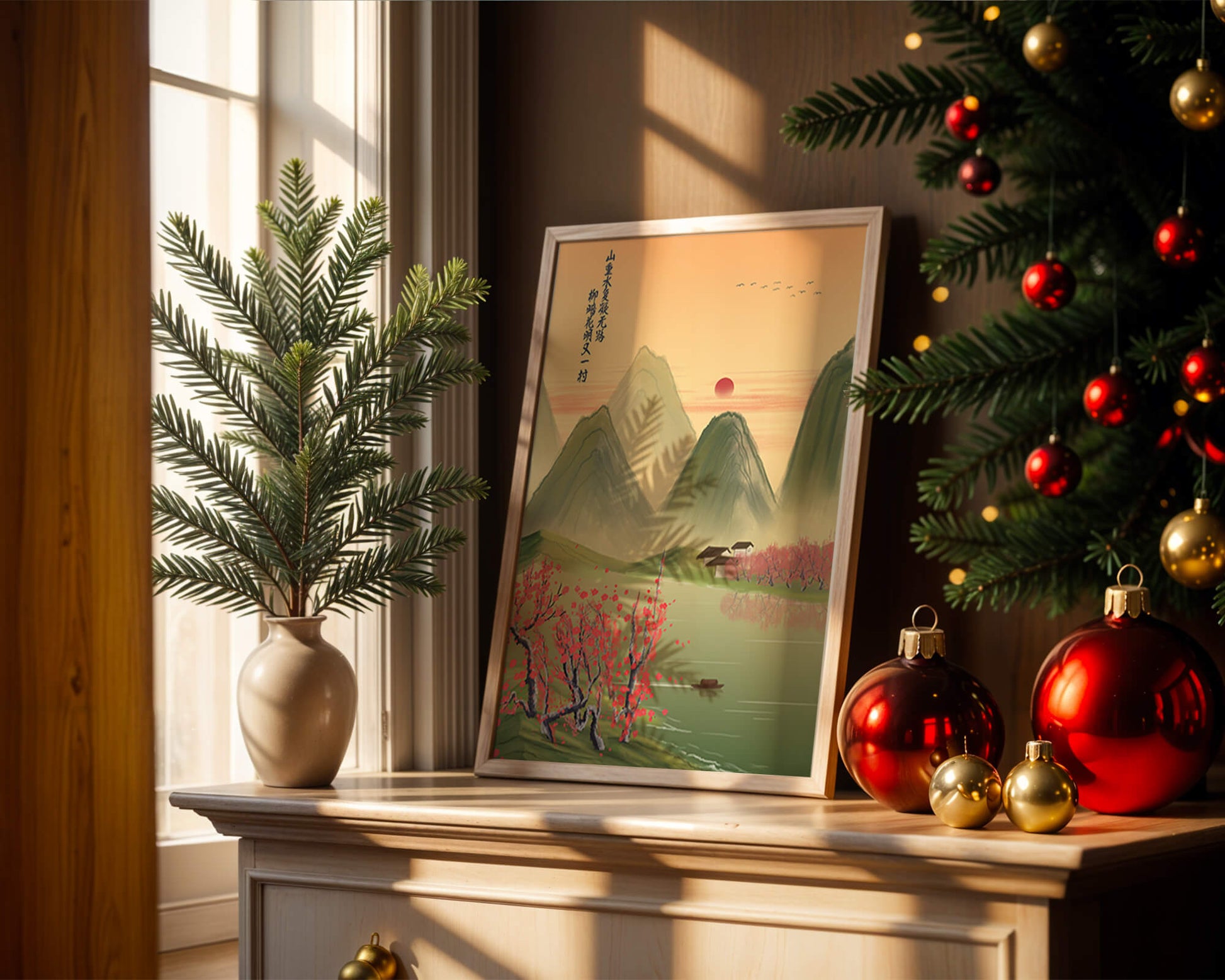 Serene landscape illustration with mountains and cherry blossoms