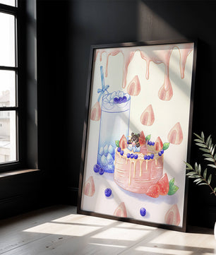 Escena de postre caprichosa con pastel y bebida con acentos juguetones