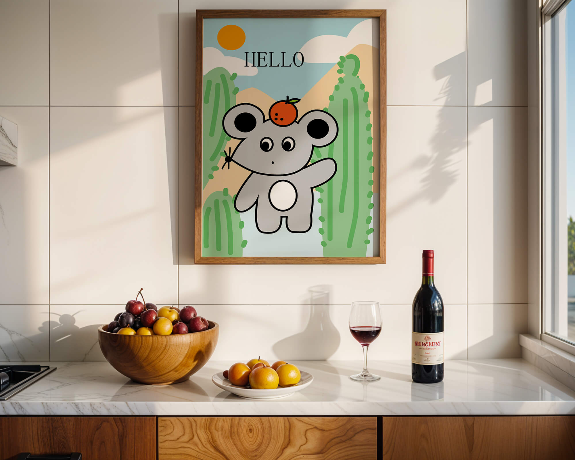 Cute illustration of a mouse with an orange on a sunny background