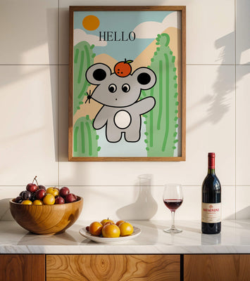 Cute illustration of a mouse with an orange on a sunny background