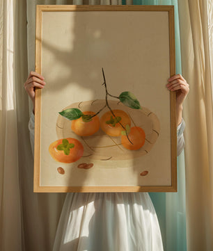 Still Life with Persimmons and Branch on a Neutral Background