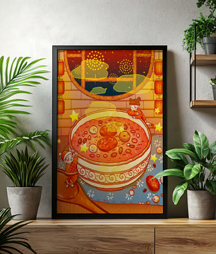 Scène festive et chaleureuse avec des enfants, un grand bol de soupe et des lanternes