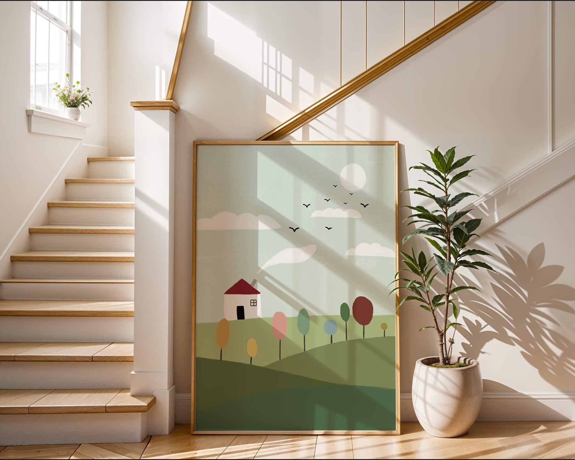 Minimalist Landscape with Colorful Trees and House