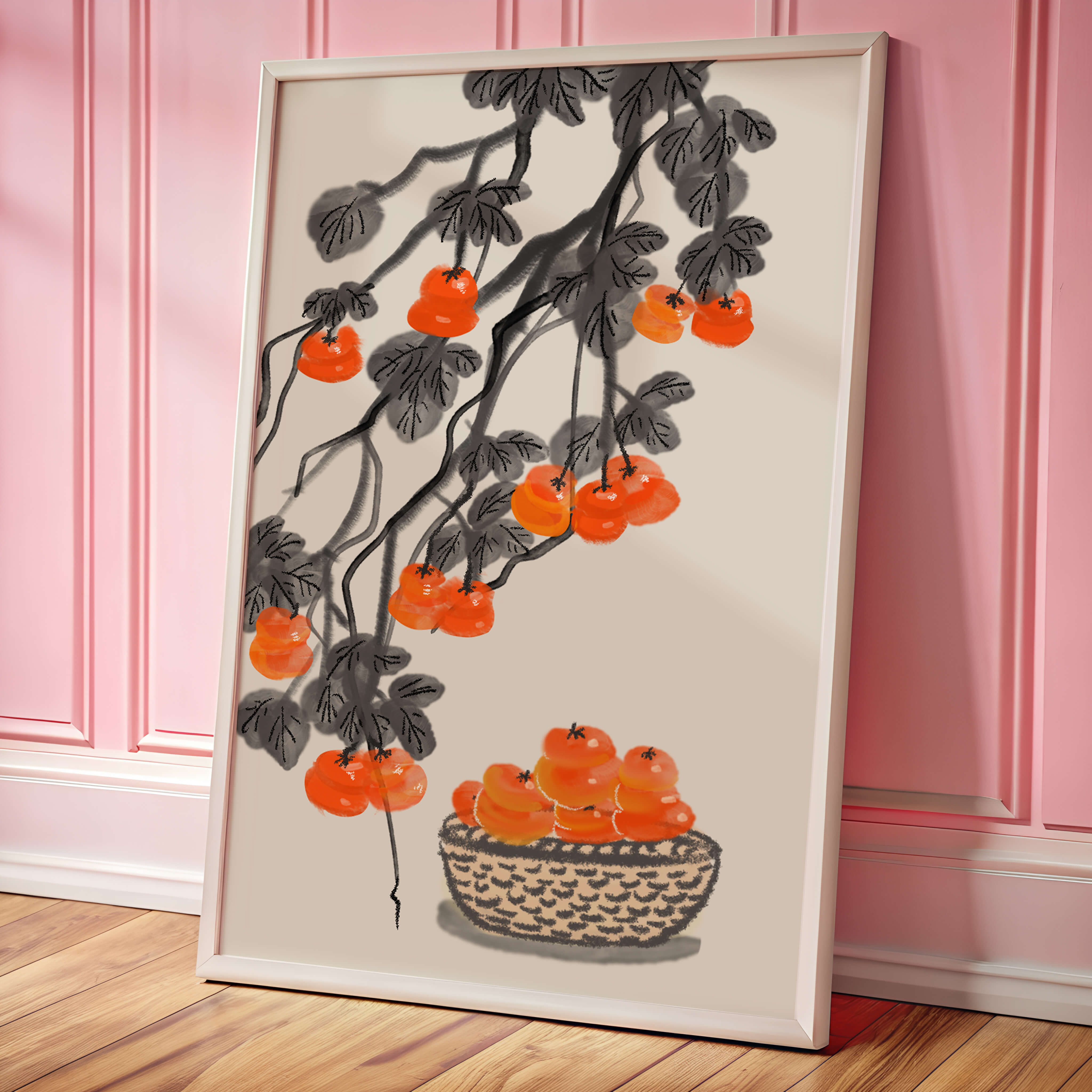 Artistic depiction of hanging persimmons with basket on watercolor canvas