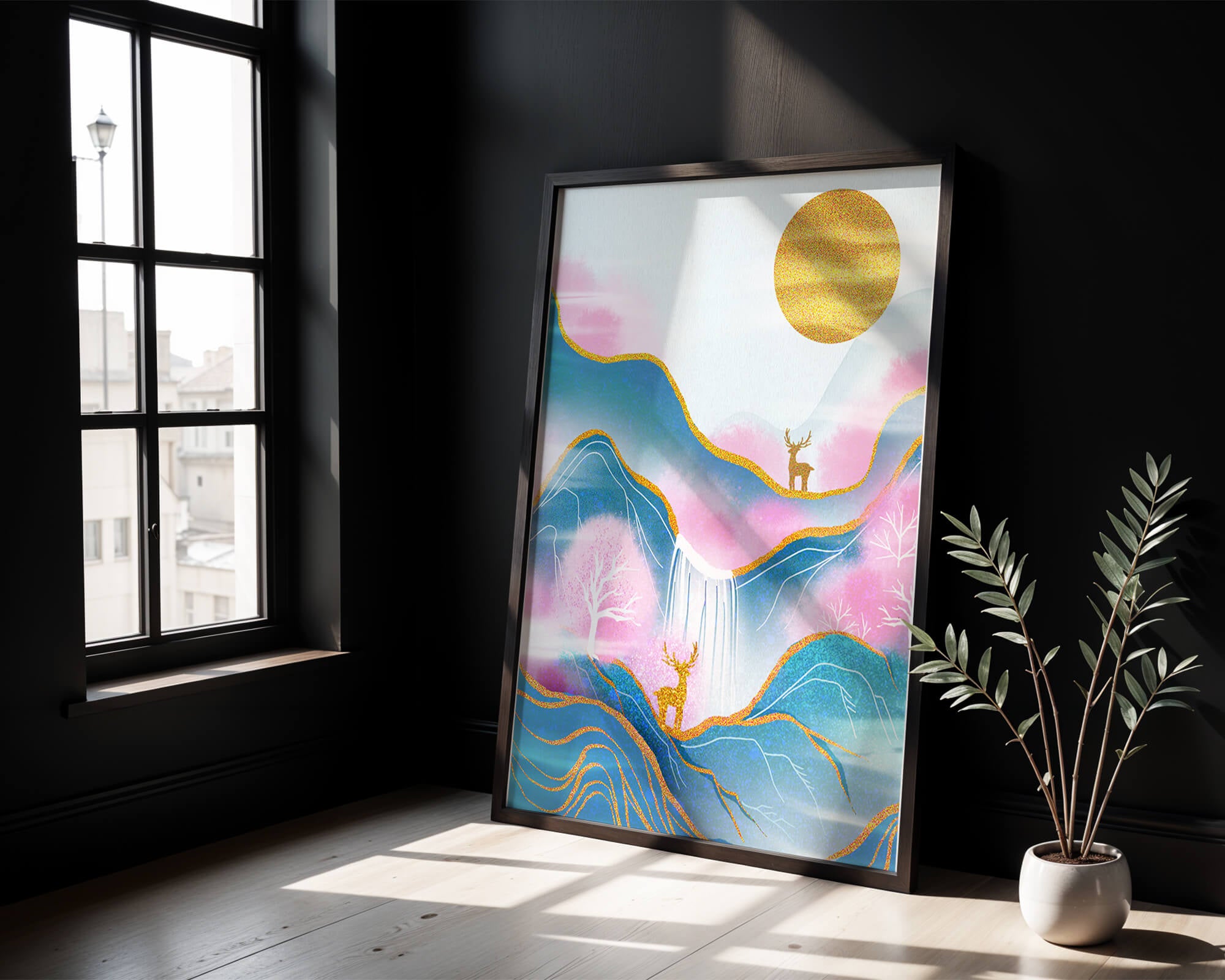 Golden deer in a pastel mountain landscape with pink skies
