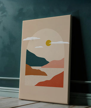 Paysage minimaliste avec montagnes et soleil