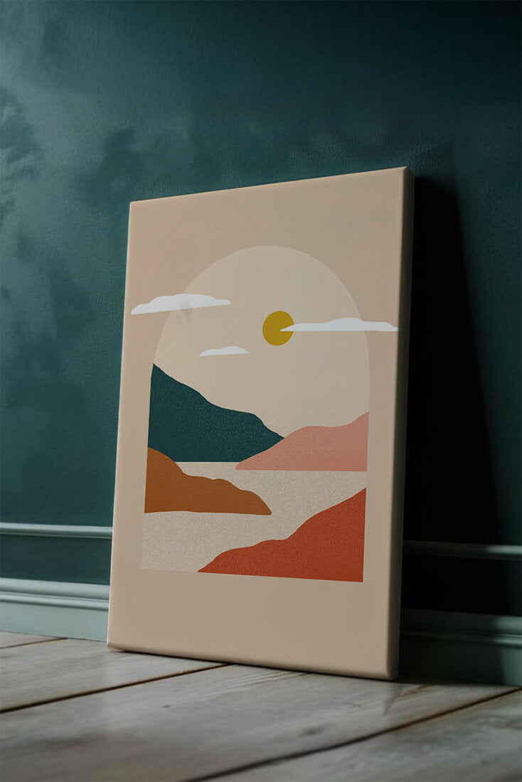 Paysage minimaliste avec montagnes et soleil
