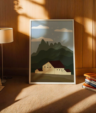 Paisaje minimalista de montaña con casas y pájaros en el cielo