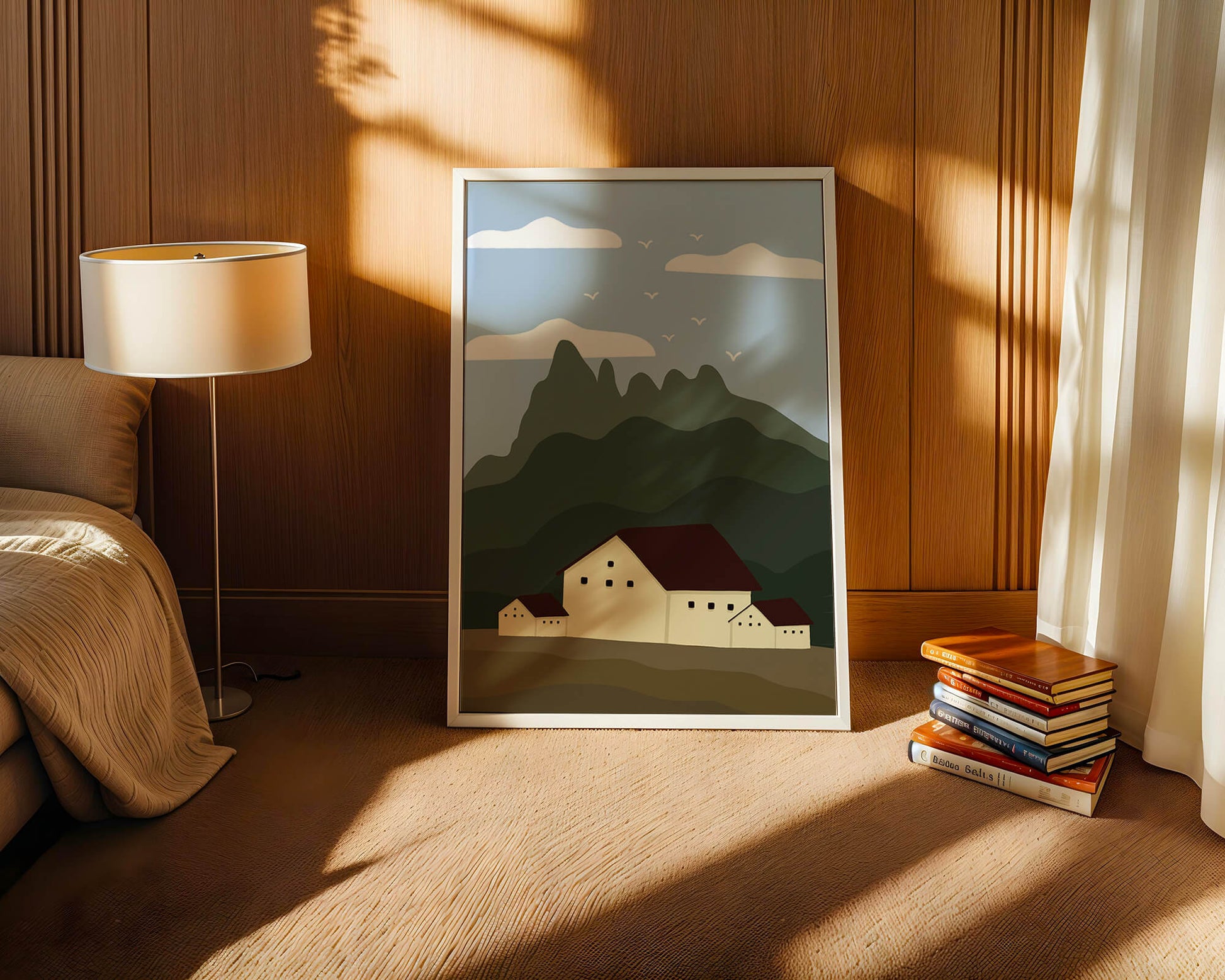 Paisaje minimalista de montaña con casas y pájaros en el cielo