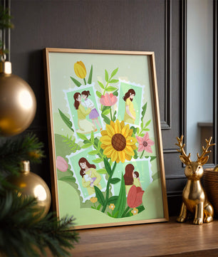 Ilustración de momentos familiares con fondo floral vibrante