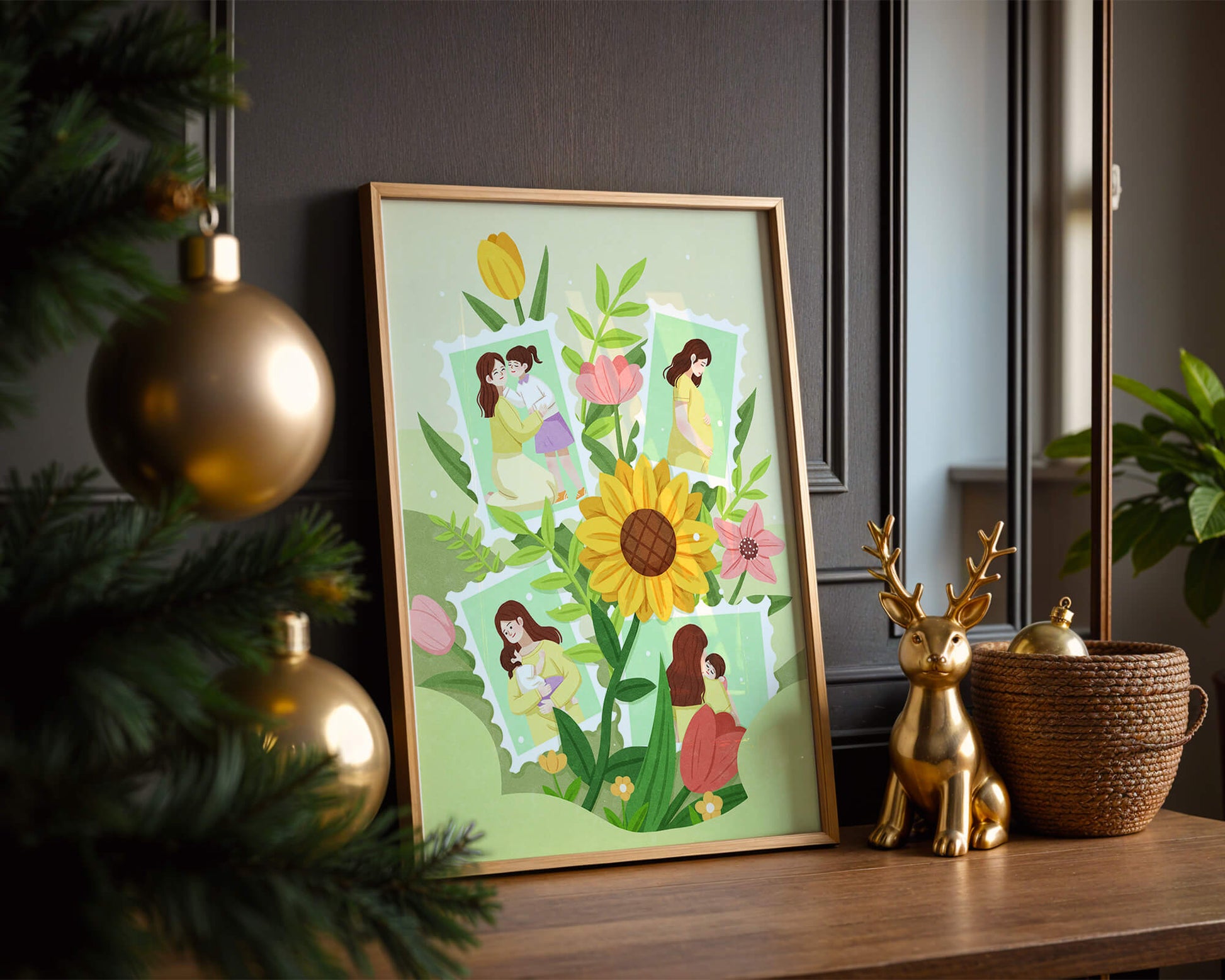 Ilustración de momentos familiares con fondo floral vibrante