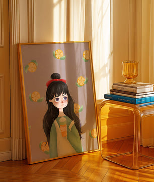 Illustration of a girl with a beverage surrounded by citrus slices