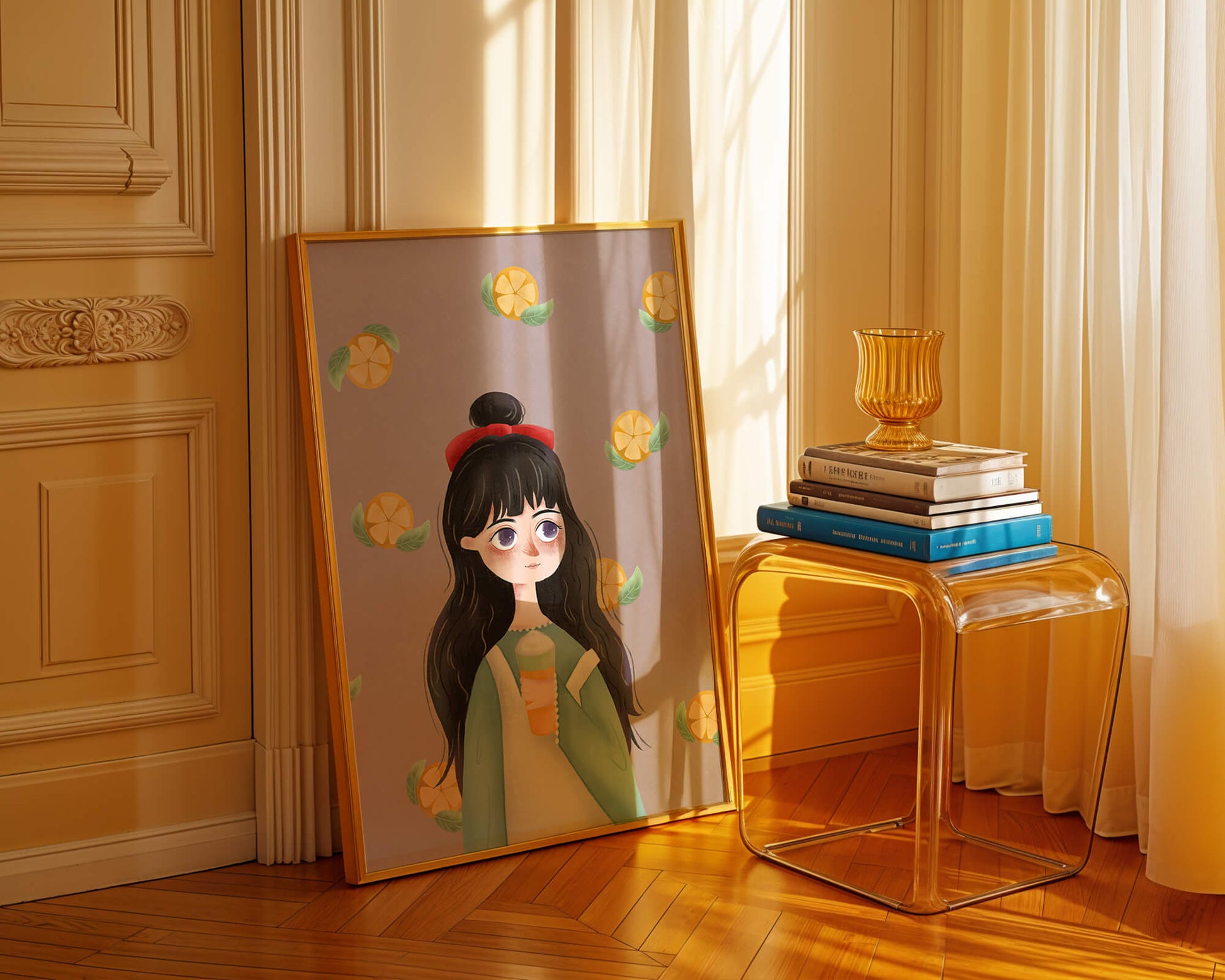Illustration of a girl with a beverage surrounded by citrus slices