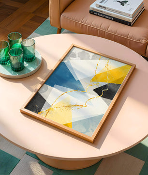 Abstract Geometric Art with Gold Accents in Blue, Yellow, and Gray - Mi tienda