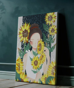 Young woman surrounded by vibrant sunflowers in a serene setting