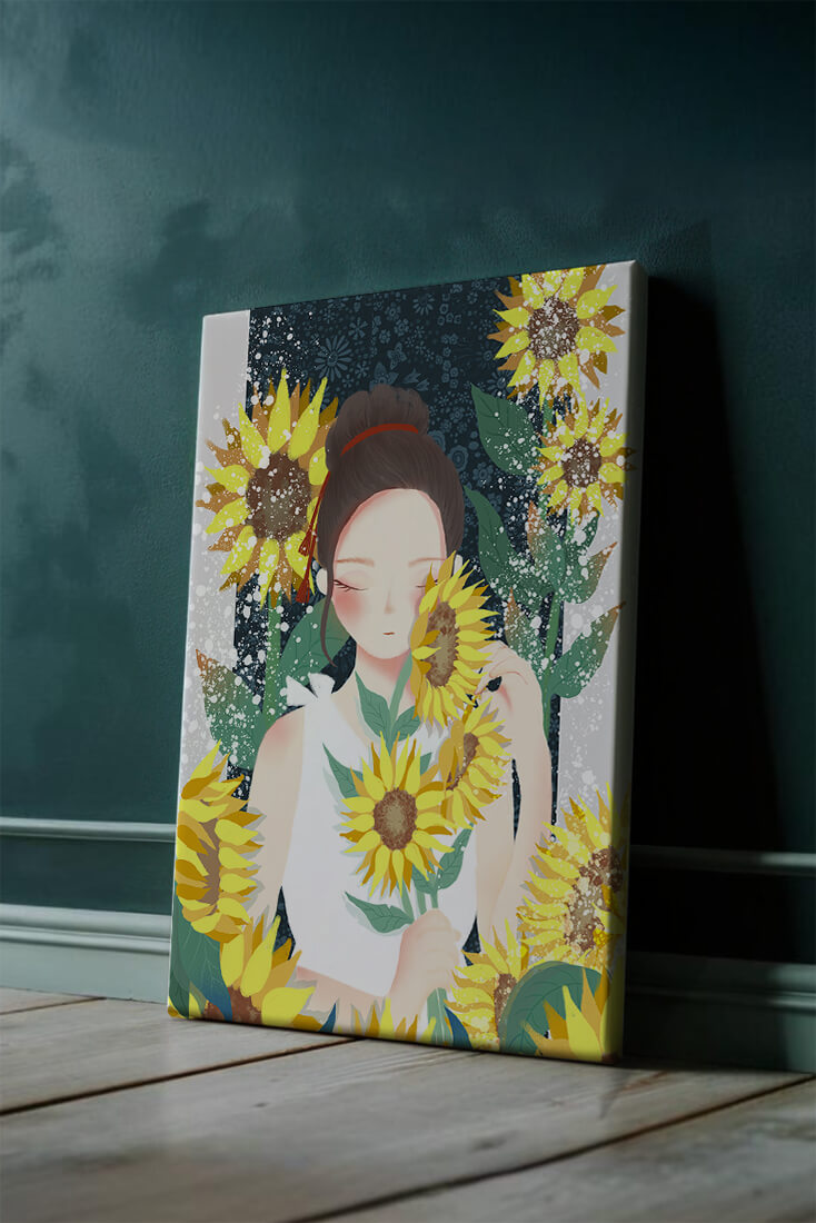 Young woman surrounded by vibrant sunflowers in a serene setting