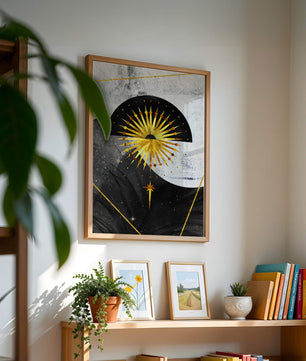 Abstract cosmic design featuring golden sunburst and celestial elements
