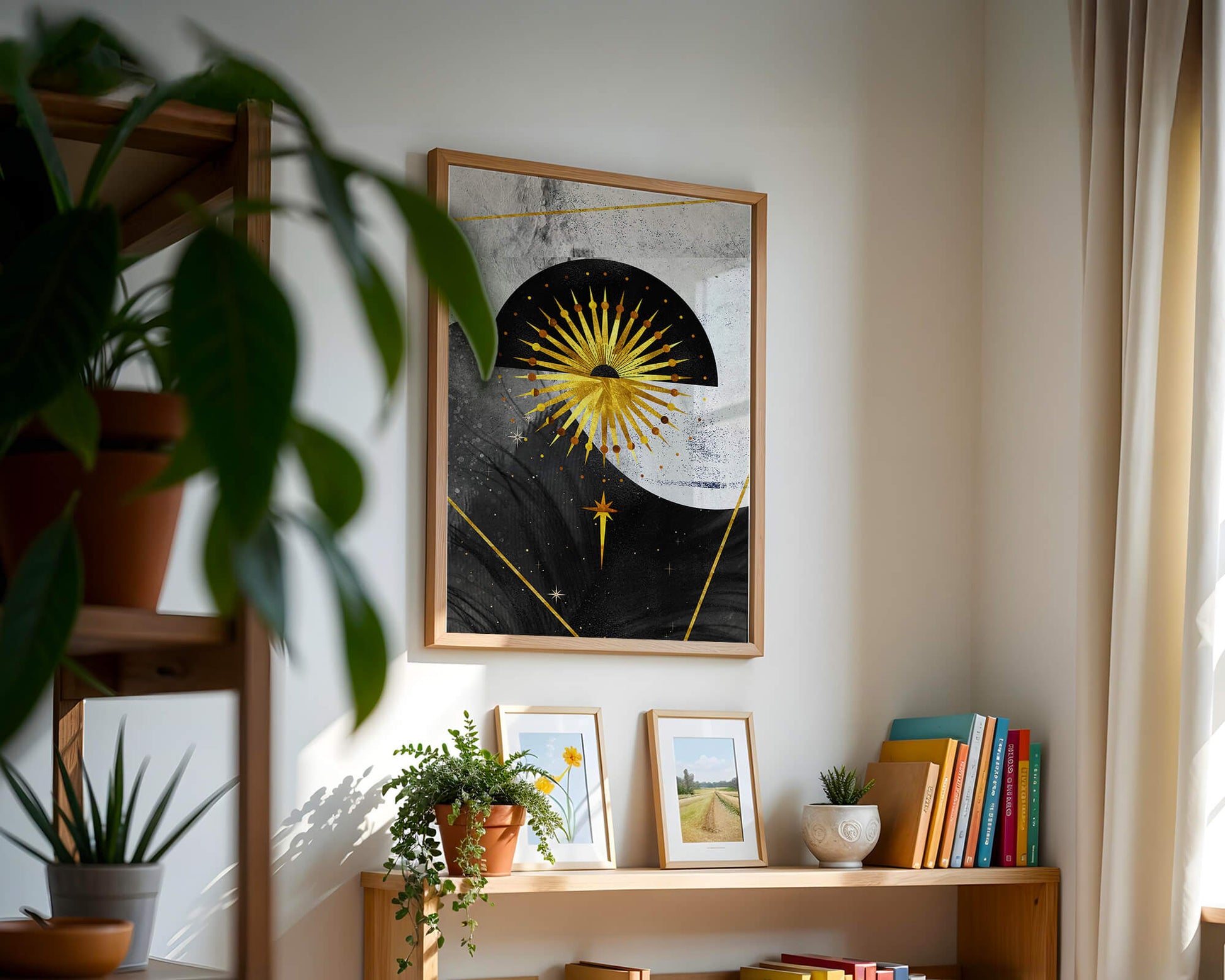 Abstract cosmic design featuring golden sunburst and celestial elements