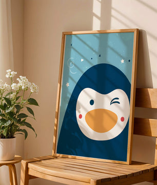 Pingüino animado juguetón sobre un fondo azul caprichoso