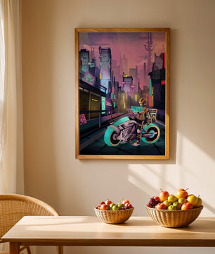 Futuristic Cyberpunk Cityscape with Neon Rider and Motorcycle