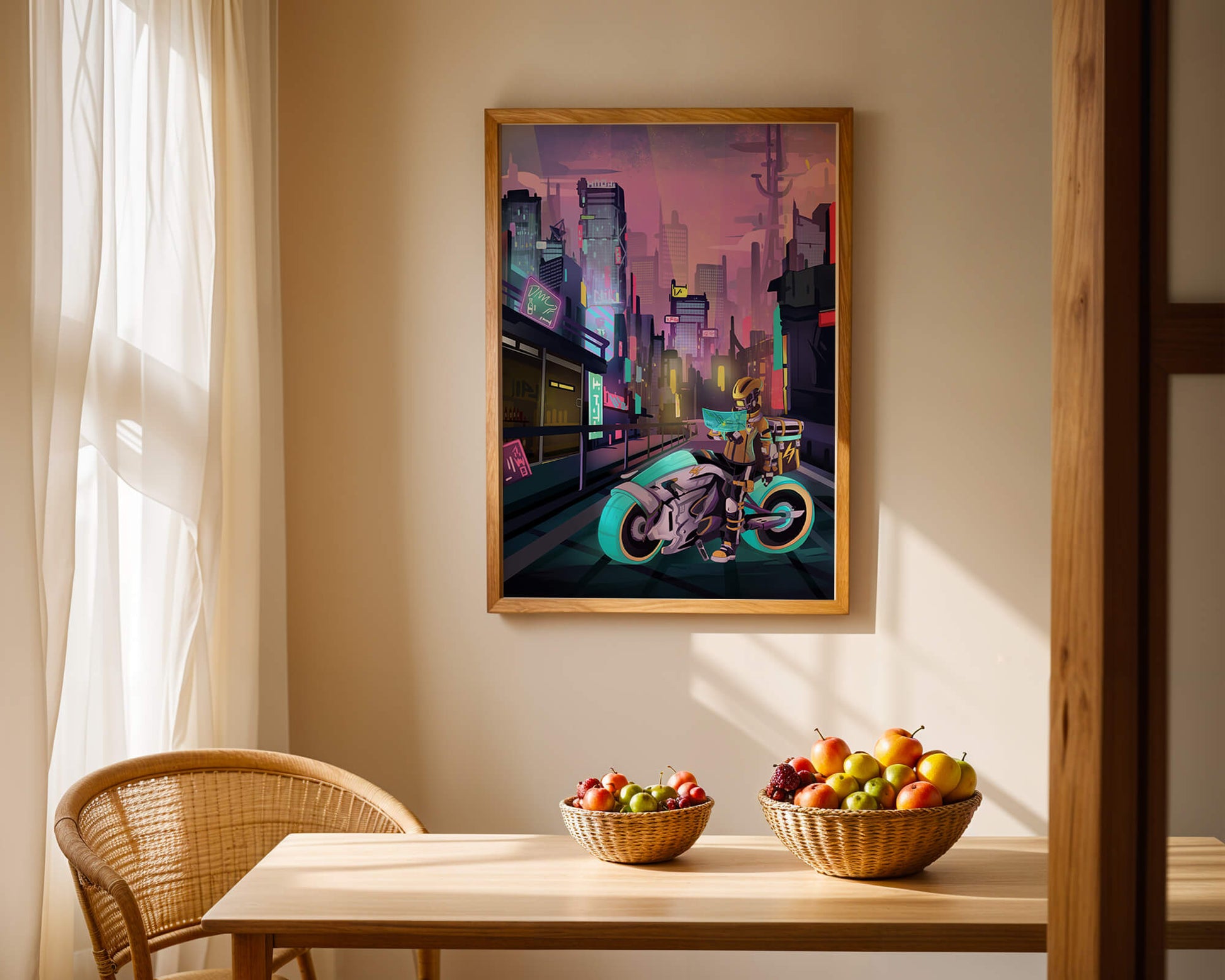 Futuristic Cyberpunk Cityscape with Neon Rider and Motorcycle