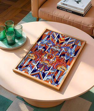 Arte tribal geométrico con colores vibrantes y patrones simétricos
