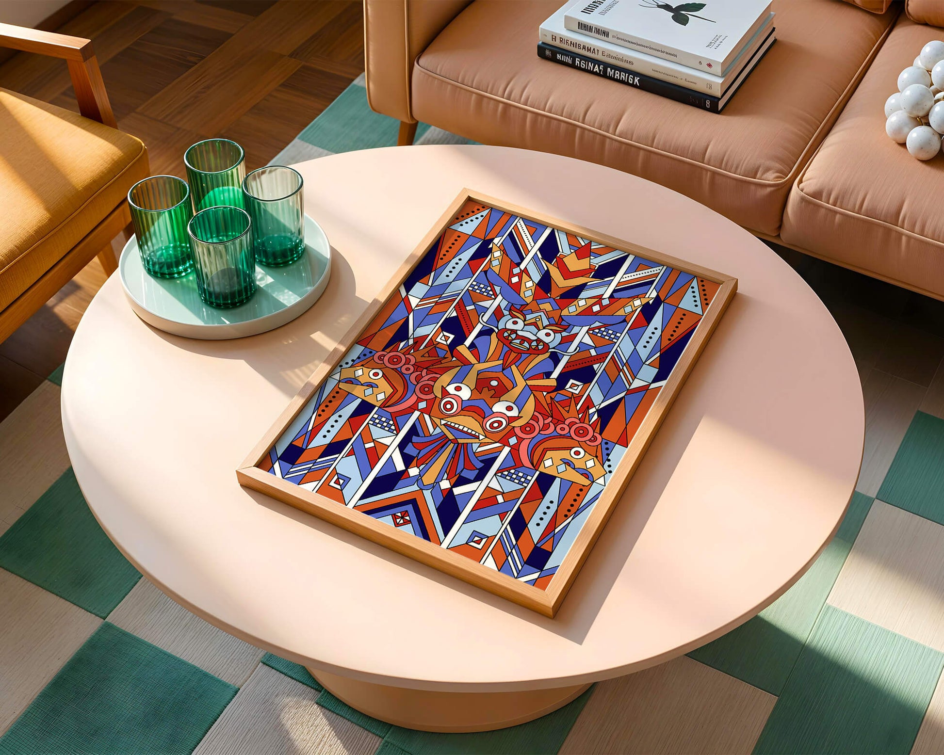 Arte tribal geométrico con colores vibrantes y patrones simétricos