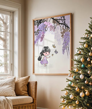 Charmante Illustration eines kleinen Mädchens mit Schmetterlingen und Glyzinienblüten