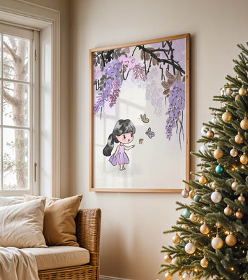Charming illustration of a little girl with butterflies and wisteria flowers