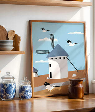 Windmill Landscape with Birds in a Minimalist Style