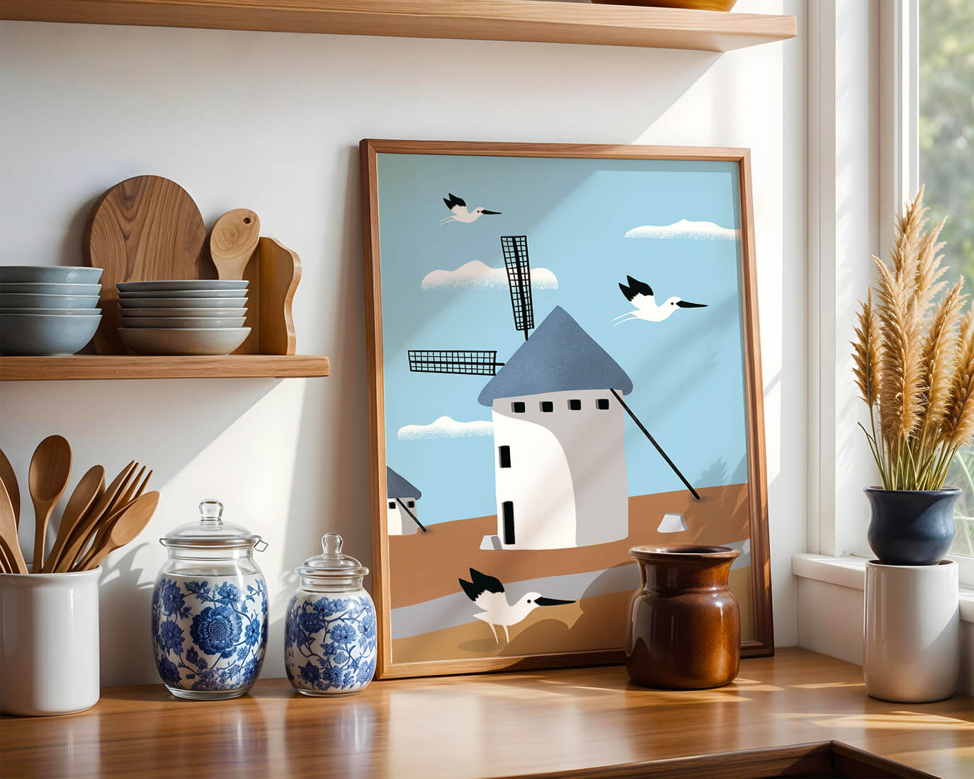 Paisaje de molino de viento con pájaros en estilo minimalista