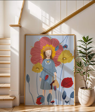 Fille dans un pays des merveilles fleuri avec des couleurs pastel et des fleurs vibrantes