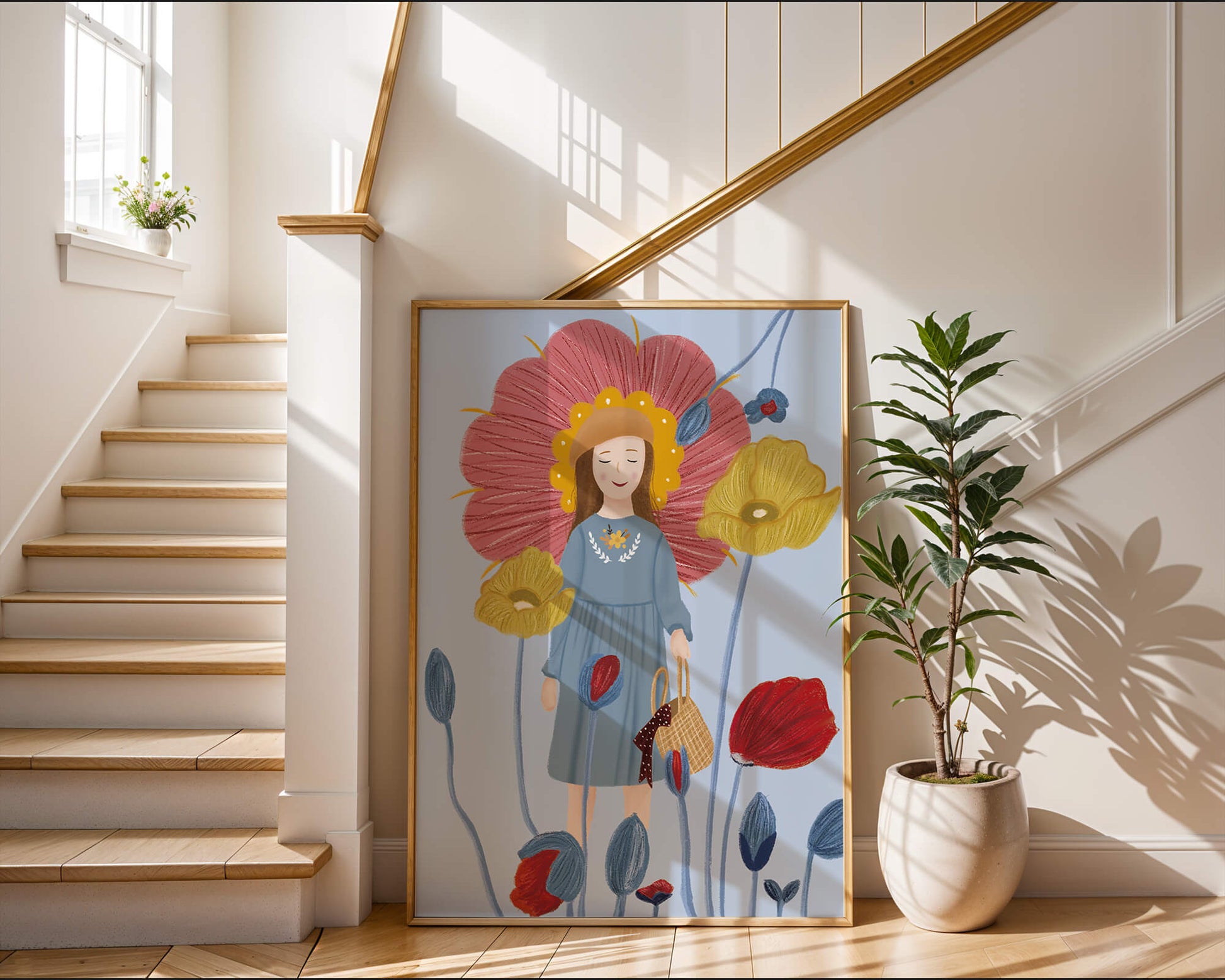 Fille dans un pays des merveilles fleuri avec des couleurs pastel et des fleurs vibrantes