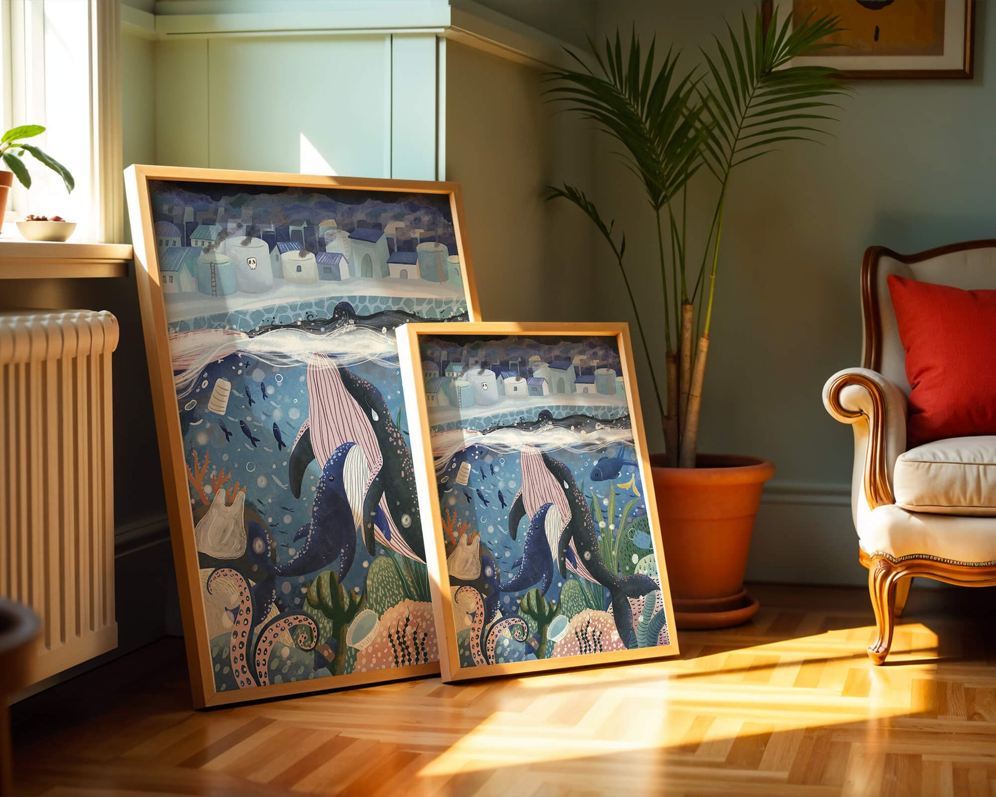 Whimsical Underwater City with Marine Life and Pollution