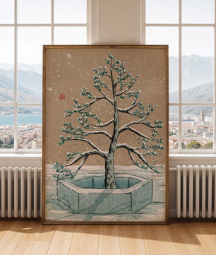 Paisaje invernal con ilustración de árbol bonsái cubierto de nieve