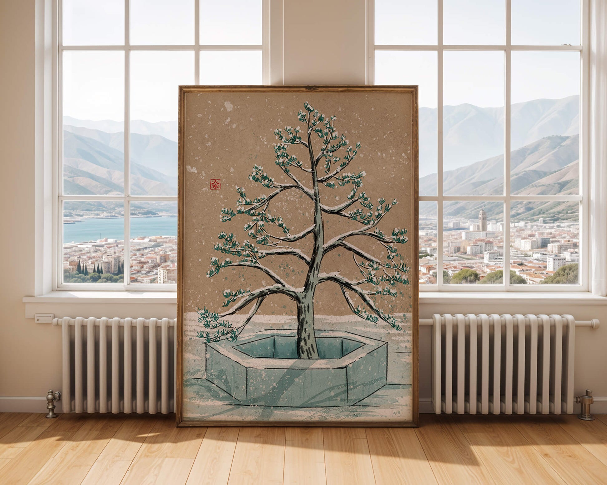 Paisaje invernal con ilustración de árbol bonsái cubierto de nieve