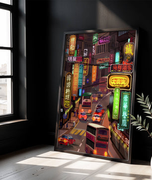 Vibrant urban street with neon signs and bustling traffic at night