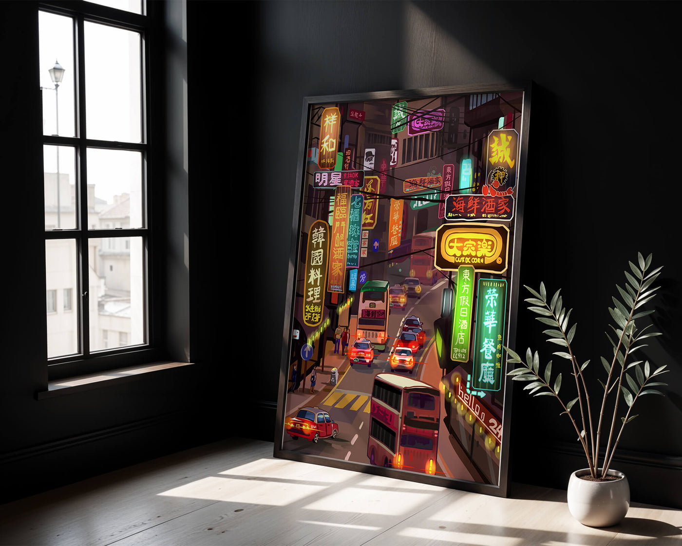 Vibrant urban street with neon signs and bustling traffic at night