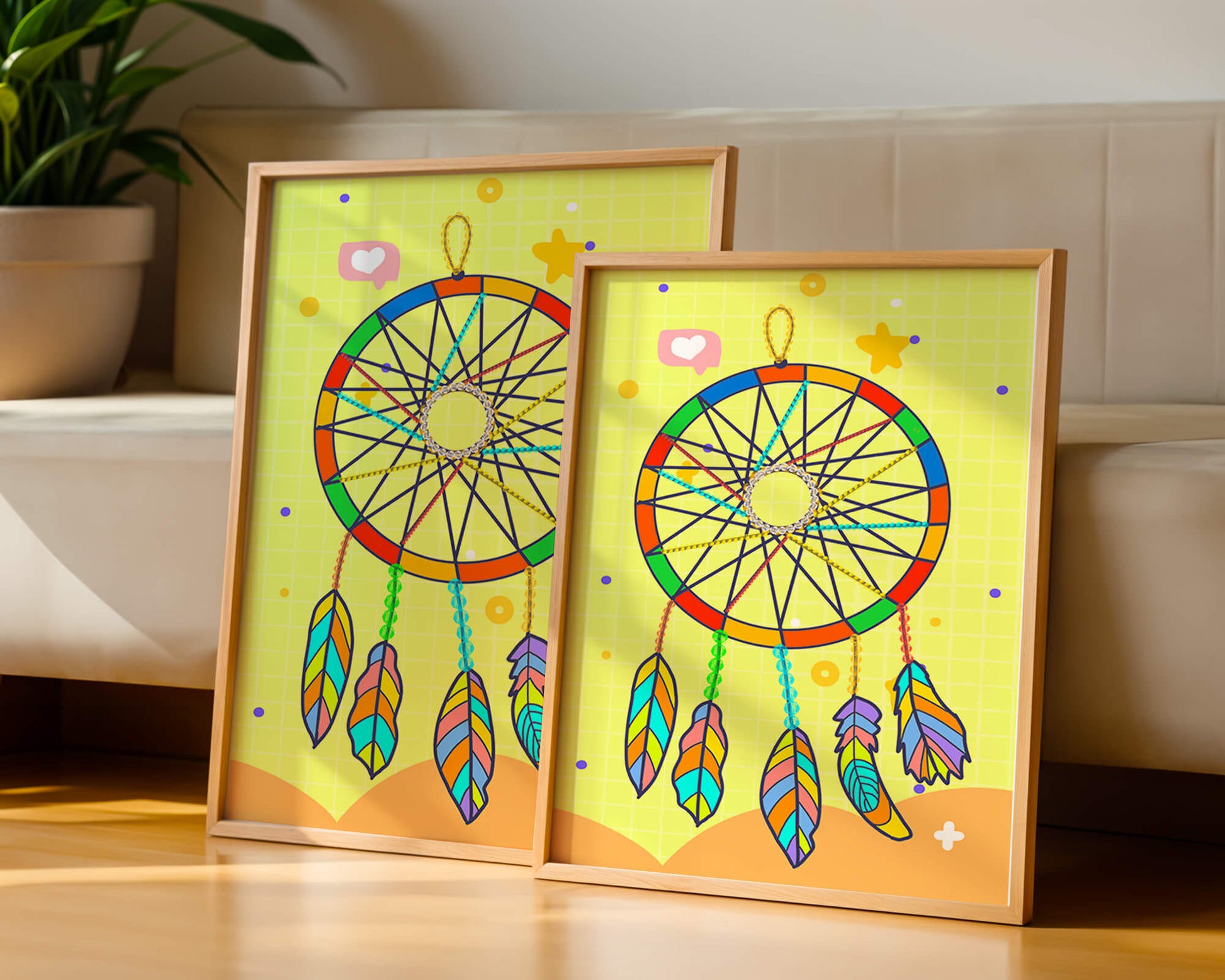 Colorful dreamcatcher on a vibrant yellow background