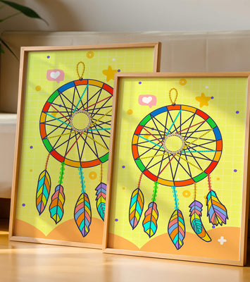 Colorful dreamcatcher on a vibrant yellow background