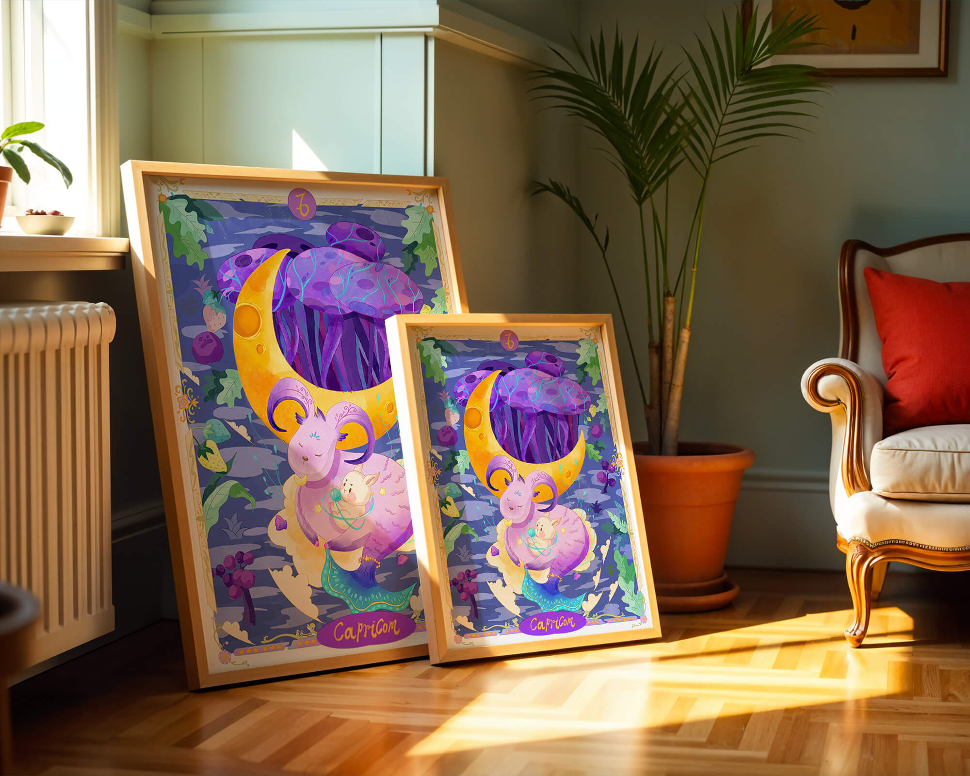 Colorful Capricorn zodiac illustration with fantasy elements