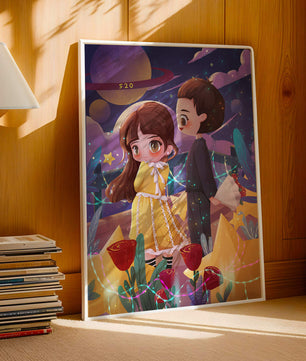 Ilustración de pareja romántica con estrellas y rosas en un entorno nocturno mágico
