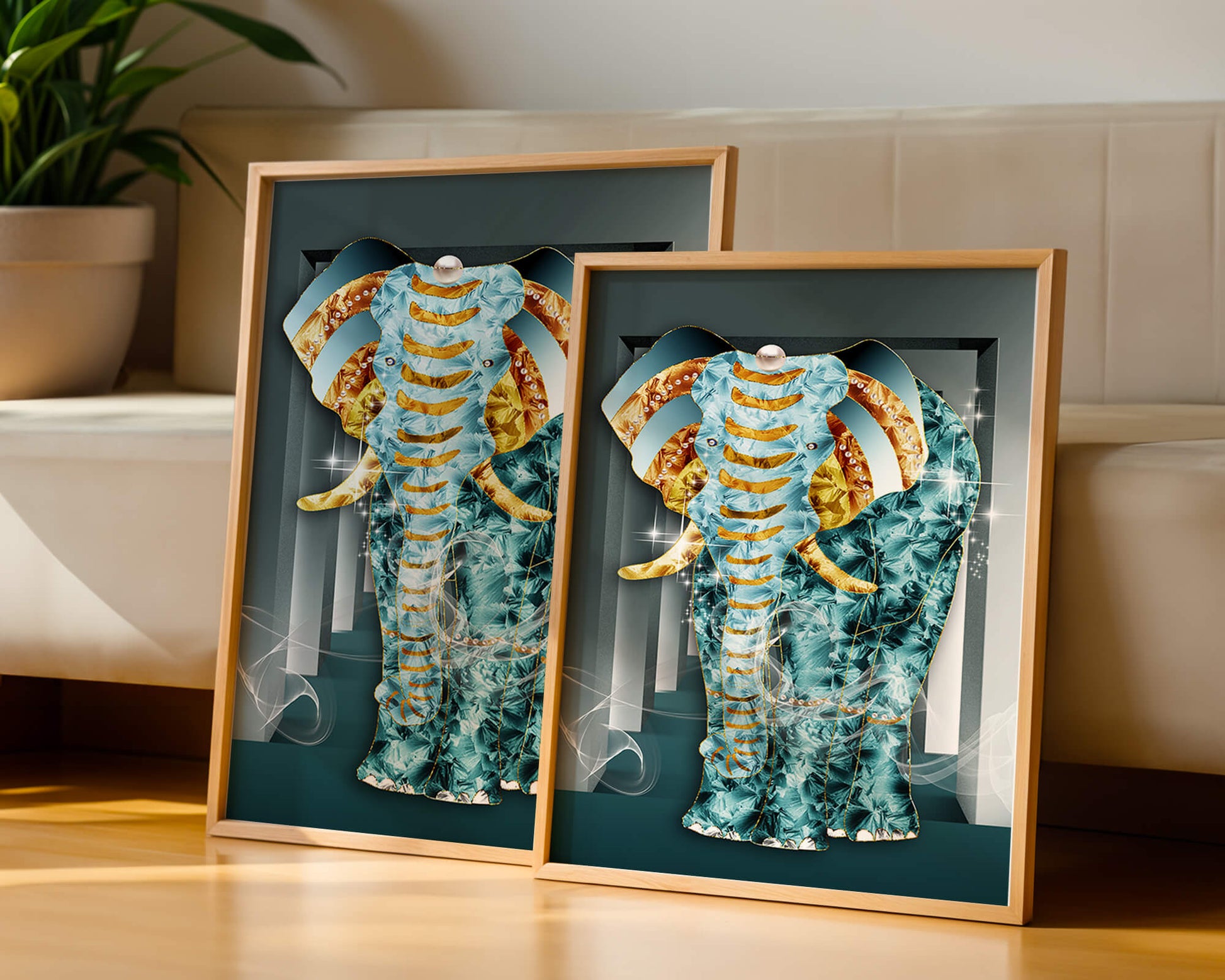 Elephant with Gold and Blue Textures in Surreal Geometric Background