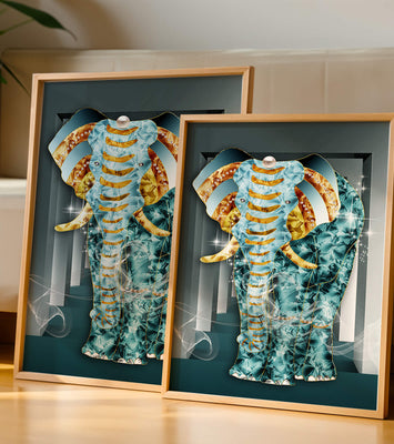 Elephant with Gold and Blue Textures in Surreal Geometric Background
